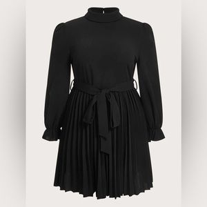 Brand New! Privé Plus Mock Neck Flounce Sleeve Pleated Hem Belted Dress